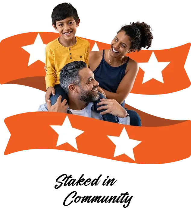 Skagit Plumbing's slogan, stacked in community, featuring a family of three cusped in the Skagit Plumbing's banner.