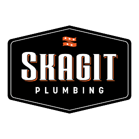 Skagit Plumbing'S business logo, ft. Skagit Plumbing in white on black hexagon badge and orange rolling banner icon.